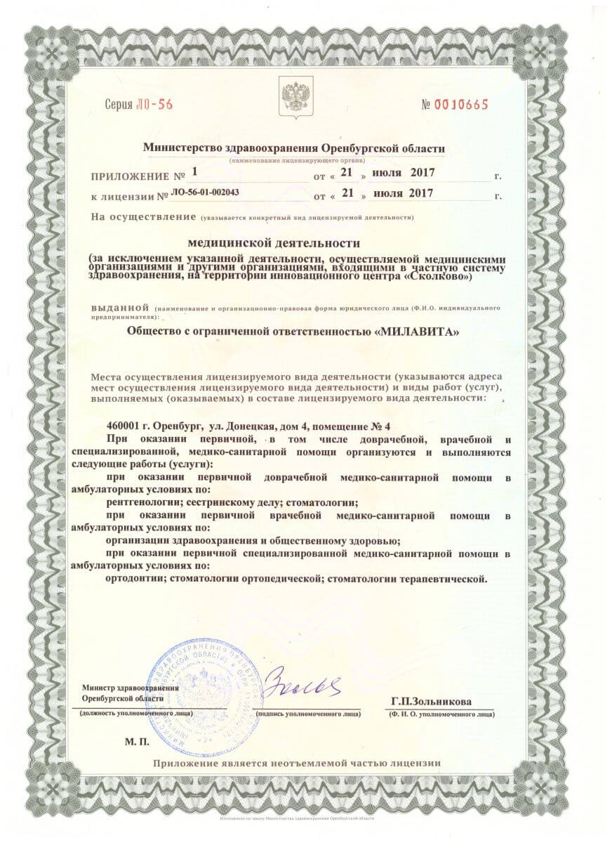 Лицензия Милавита в Оренбурге
